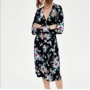 Zara Velvet Floral Surplice Wrap Dress Women's Sz M Whimsigoth Y2K Midi Romantic